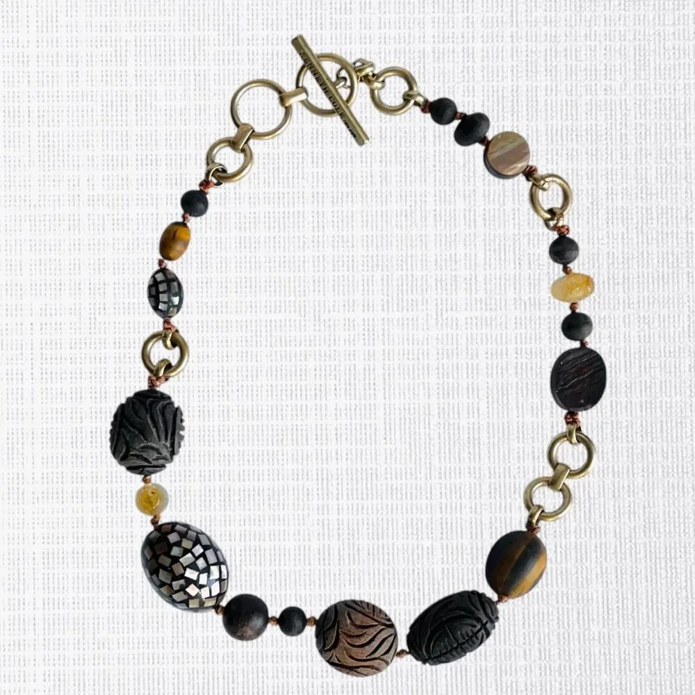 Kenneth Cole Necklace Carved Wood Bead Mother of Pearl Tribal Brown Gold Tone